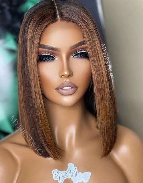 Colored wig with a pre - plucked hairline for a more natural lookAspecialunit - Malaysian Hair Brown Ombre Highlight Bob Lace Front Wig - SPE004