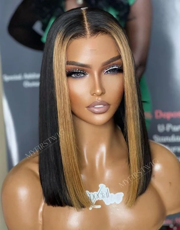 Adjustable - cap colored wig for a comfortable fitAspecialunits - Malaysian Hair Ombre Highlight Glueless Blunt Cut Lace Front Wig - SPE001