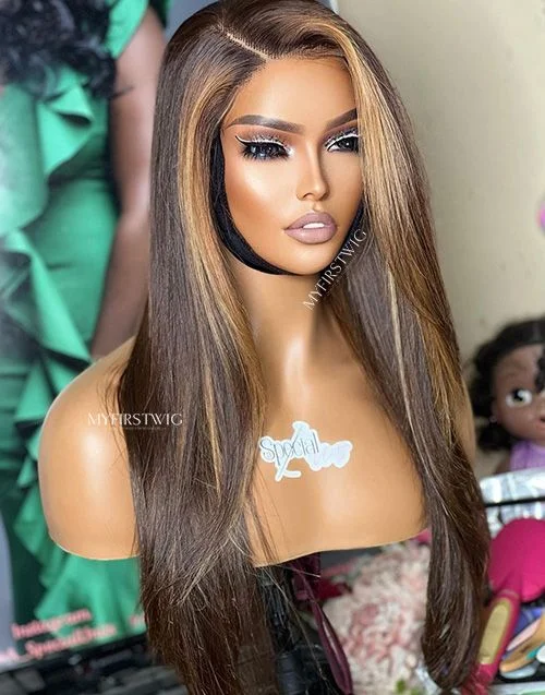 Colored wig in a vibrant pink color for a bold and eye - catching lookAspecialunit - Malaysian Hair Ombre Highlight Straight Lace Front Wig - SPE002