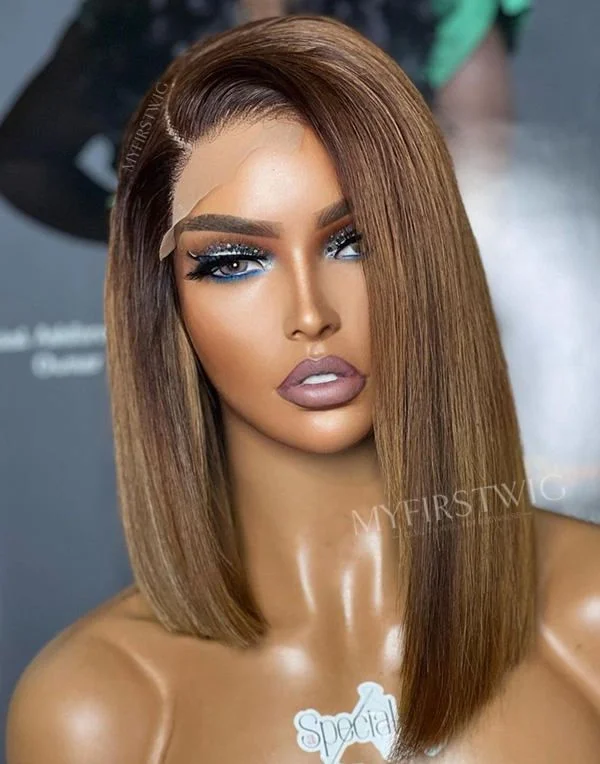 Colored wig with a red - orange hue for a warm and energetic lookASPECIALUNIT - Ombre Brown Asymmetric Straight Rich Auntie Lace Front Wig - SPE051