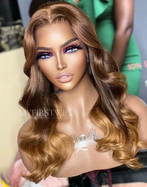 Colored wig with a wispy fringe for a soft and feminine lookASPECIALUNIT - Ombre Brown Wavy Glueless Lace Front Wig - SPE020