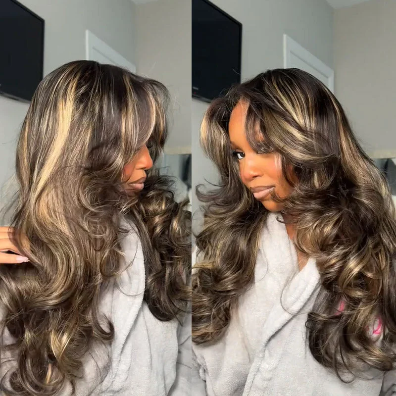 Colored wig with a side - swept bang for a sophisticated lookBalayage Highlight Curtain Bangs Face-Framing Body Wave 6x5 Lace Glueless Wigs