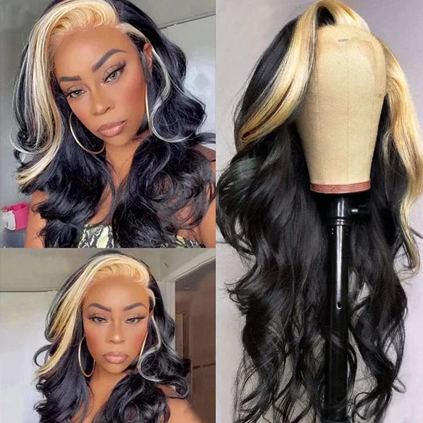 Colored wig with a side - part for a more flattering appearanceSkunk Stripe Wig With Blonde Highlight 13x4 Lace Front Wigs Body Wave Human Hair Wig 30inch