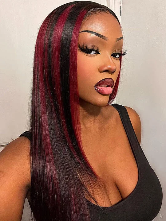 Colored wig with a silk - base cap for a comfortable and smooth feelBlack Hair With Red Highlights 99J Burgundy 13x4 13x6 Lace Frontal Human Hair Wigs