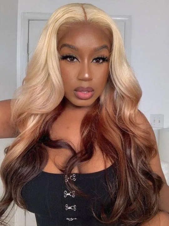 Colored wig with a side - part for a more flattering appearanceOmbre Blonde Brown Wig 3D Body Wave Honey Blonde On Brown Hair 13x4 HD Lace Front Human Hair Wigs