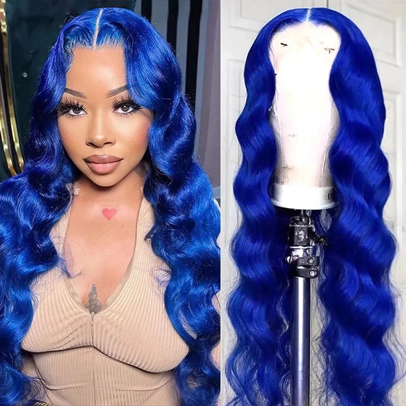 Colored wig with a pre - bleached knot for a natural - looking scalpBlue Wig Body Wave 13x4 HD Lace Front Wig Colored Human Hair Wigs