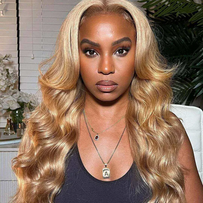 Colored wig with a silk - base cap for a comfortable and smooth feelBody Wave #27 Honey Blonde Glueless Human Hair 6x5 13x4 HD Lace Wigs