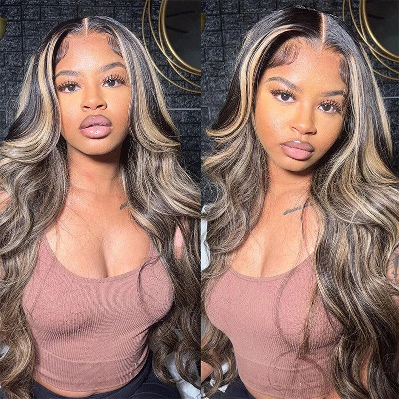 Adjustable - cap colored wig for a comfortable fitBody Wave Balayage Highlight Human Hair Glueless Wigs HD Lace Front Wigs