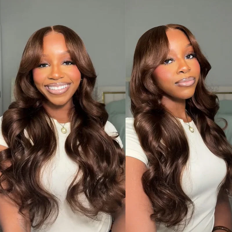 Colored wig with a side - part for a more flattering appearanceBody Wave #4 Dark Brown Curtain Bangs Glueless Wig Pre Cut 6x5 HD Lace