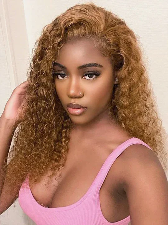 Colored wig with a red - orange hue for a warm and energetic look#30 Brown Curly Hair Wig Deep Wave 4x4 13x4 Transparent Lace Front Human Hair Wigs