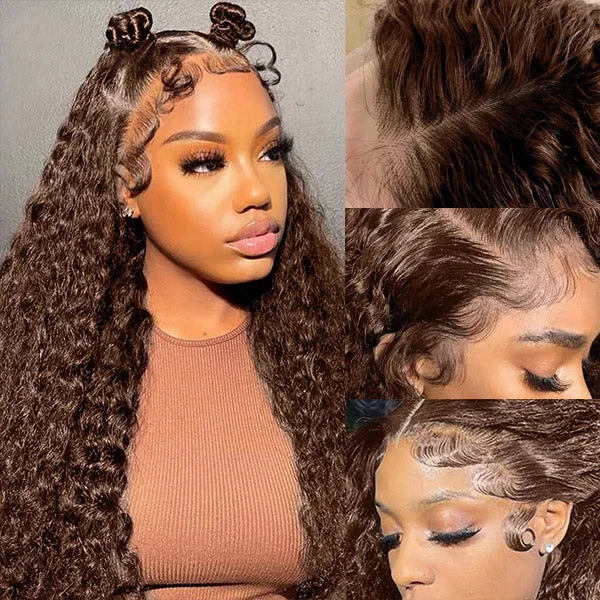 Colored wig with a curly texture for a bold and stylish choiceHairsmarket 13x4 Deep Wave Frontal Wig Dark Brown HD Lace Wigs #4 Colored Human Hair Wigs