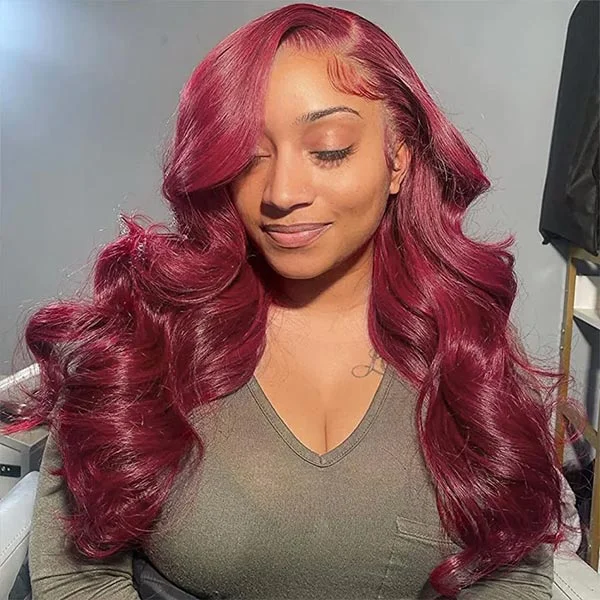 Colored wig with a side - part for a more flattering appearanceBurgundy 99J 13X4 Lace Frontal Wigs Colored Body Wave Wig Transparent Lace Wig