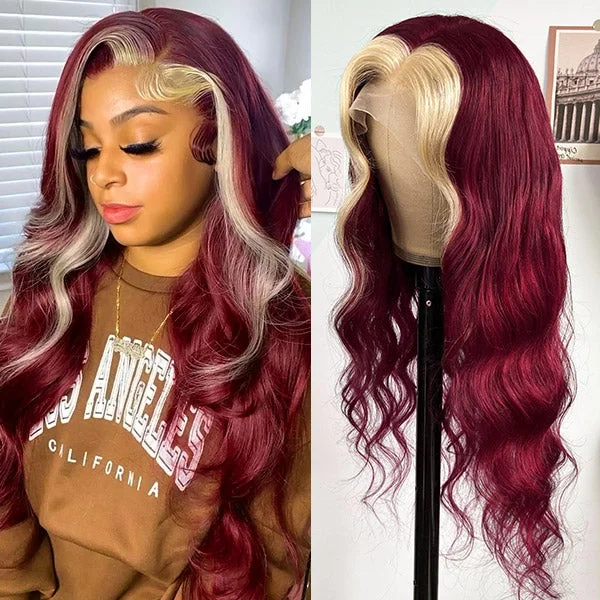 Colored wig with a red - orange hue for a warm and energetic lookSkunk Stripe Wig Burgundy Blonde Colored Wig 13x4 Lace Front Wig Body Wave HD Wigs