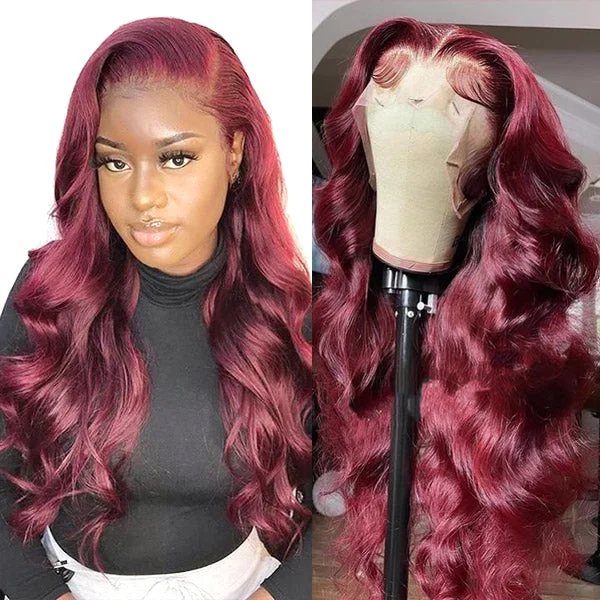 Colored wig with a middle - part for a classic and elegant styleHairsmarket Body Wave Wig Burgundy Lace Front Wig 13x4 HD Lace Frontal Wigs Colored Wig