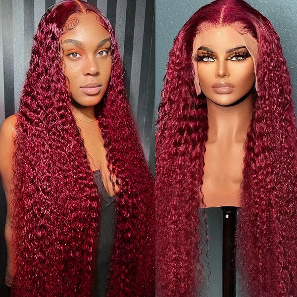 Adjustable - cap colored wig for a comfortable fitBurgundy Curly Wigs 99J Lace Frontal Wig 13x4 Curly Frontal Wig 32 Inch