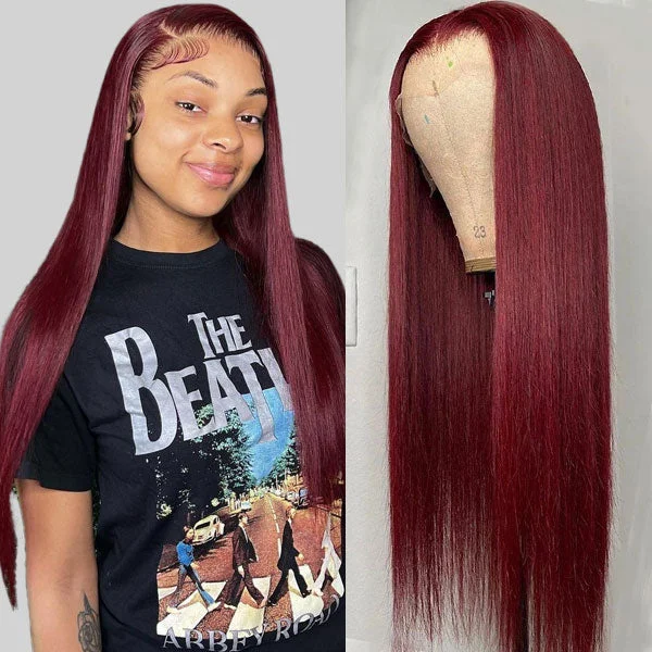 Colored wig with a 150 - density for a full and thick appearance13x4 Lace Wig Burgundy Lace Front Wigs Virgin Straight Human Hair 99J Lace Front Wig