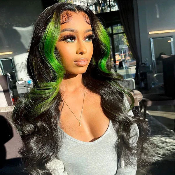 Colored wig with a side - part for a more flattering appearanceomgjackiee Recommend Color Green Skunk Stripe Hair Body Wave Human Hair Lace Front Wigs 180 Density