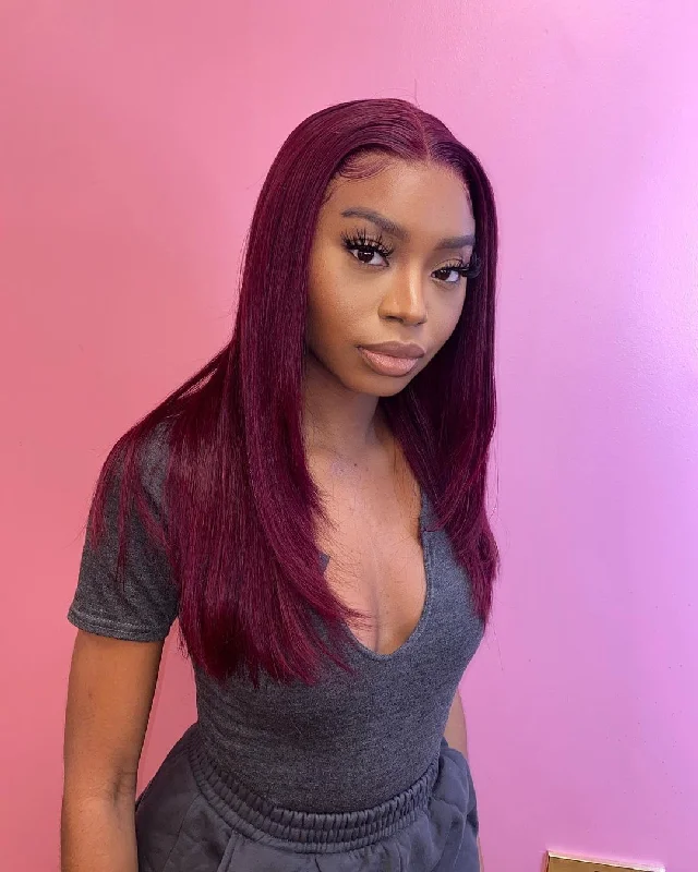 Colored wig in a vibrant pink color for a bold and eye - catching lookColour : Burgundy Frontal 13a Wig