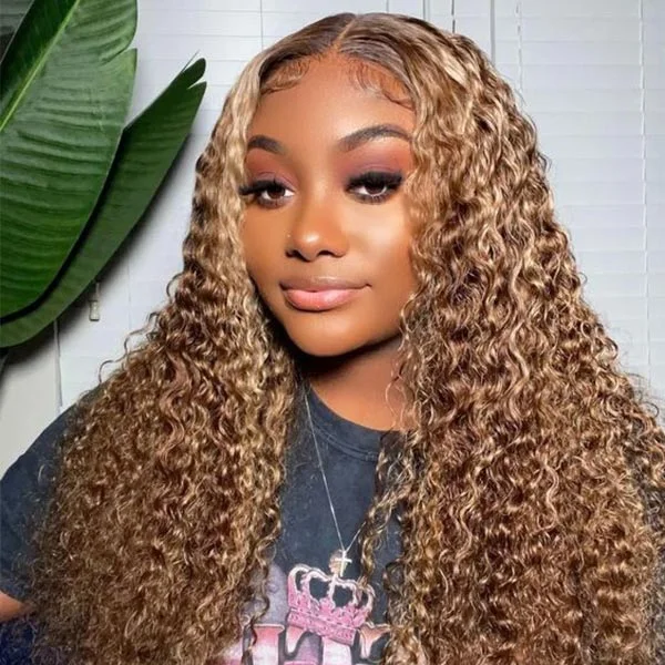 Colored wig with a natural - looking root for a more realistic lookDeep Curly 4/27 Blonde Highlight Wig Transparent 13X4 Lace Front Wig