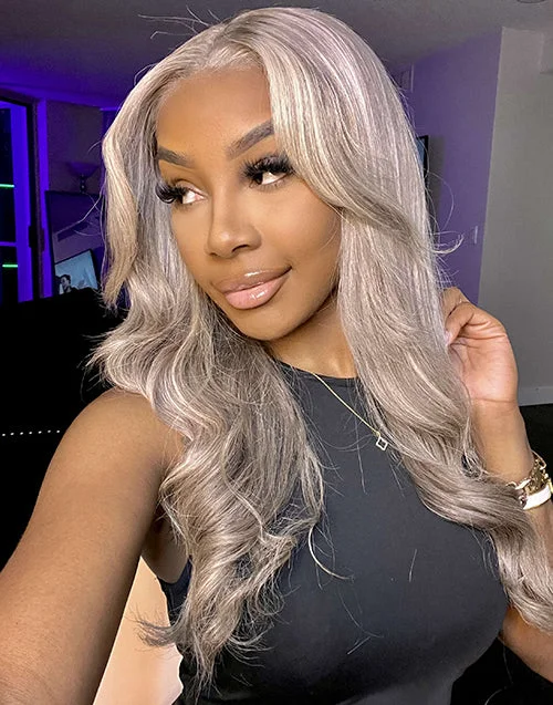 Colored wig with a wavy texture for a beachy and fun lookCurtain Bangs With Layers Face Framing Highligh Ash Blonde 13x4 Lace Front Wig