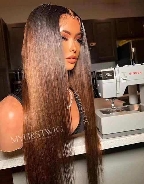 Colored wig with a pre - plucked hairline for a more natural lookDainty Secrets-Malaysian Hair Straight Ombre Lace Front Wig - DTS005