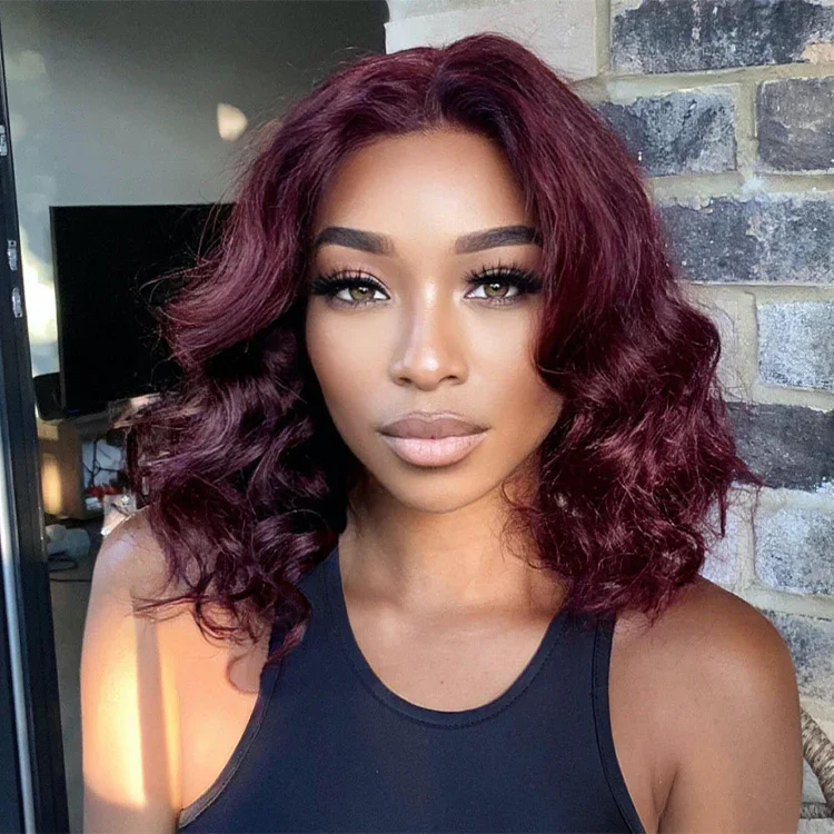 Colored wig with a curly texture for a bold and stylish choiceDark Plum Color Short Bob Wig Loose Wave Wig Middle Part Lace Wig Colored Wig