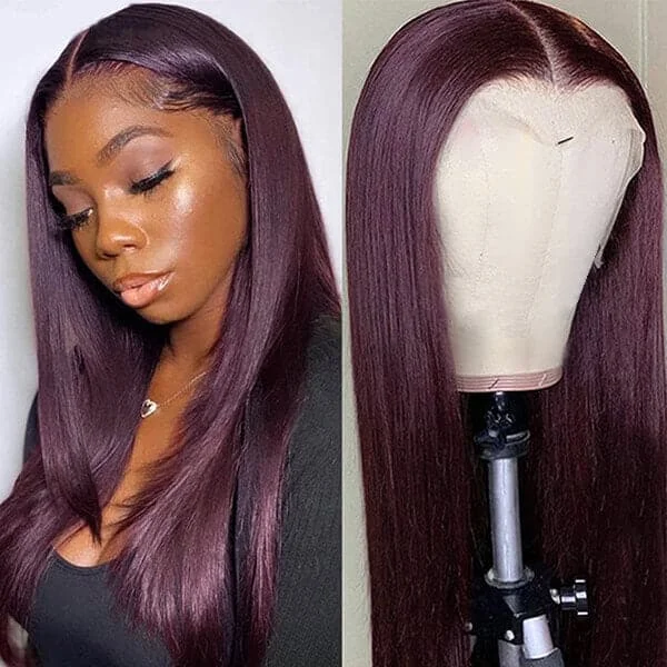 Colored wig with a wispy fringe for a soft and feminine lookDark Purple Straight 13x4 Lace Front Wigs Grape Purple Transparent Lace Front Wig