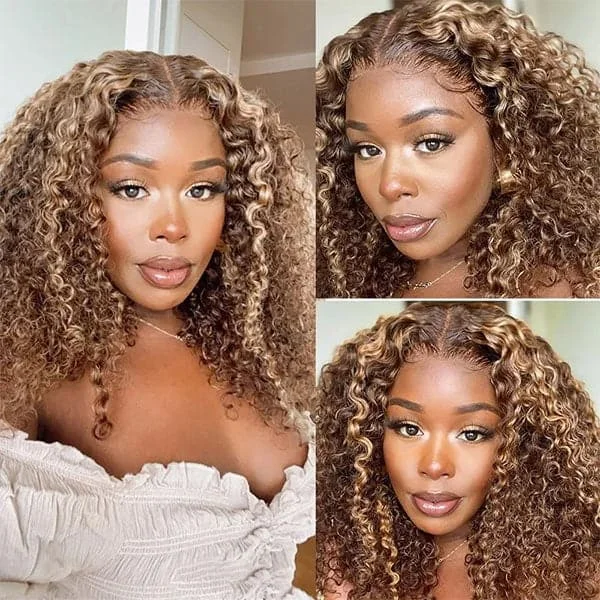 Colored wig with a silk - base cap for a comfortable and smooth feelFast Shipping Deep Curly 4/27 Highlight Wig Transparent T Part Lace Wig 4/27 Mix Color