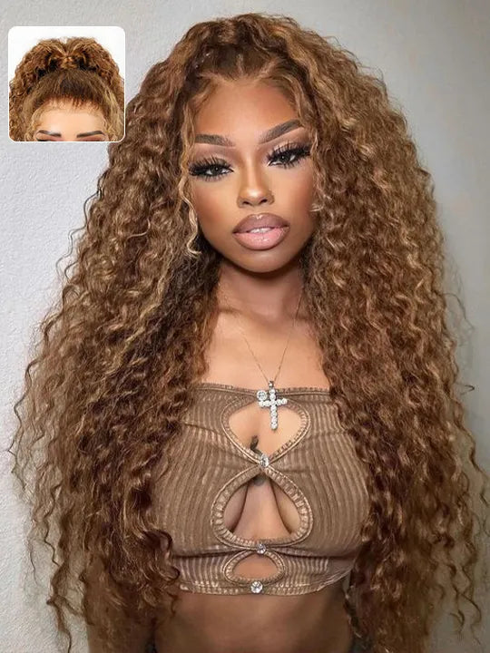 Colored wig with a wavy texture for a beachy and fun lookKisslove Upgraded Invisi-Drawstring 360 Lace Wig Deep Wave Brown Highlights Human Hair Wigs