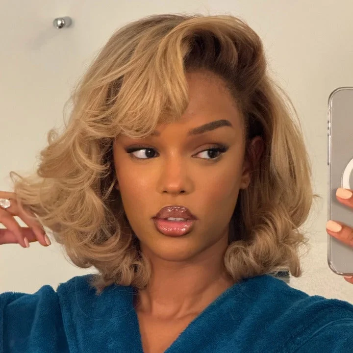 Human - hair colored wig for a natural and luxurious feelDirty Blonde Summer Choice Fashion Short Straight Bob Lace Wigs Transparent  Glueless Lace Colored  Wigs No Code Needed  -Amanda Hair