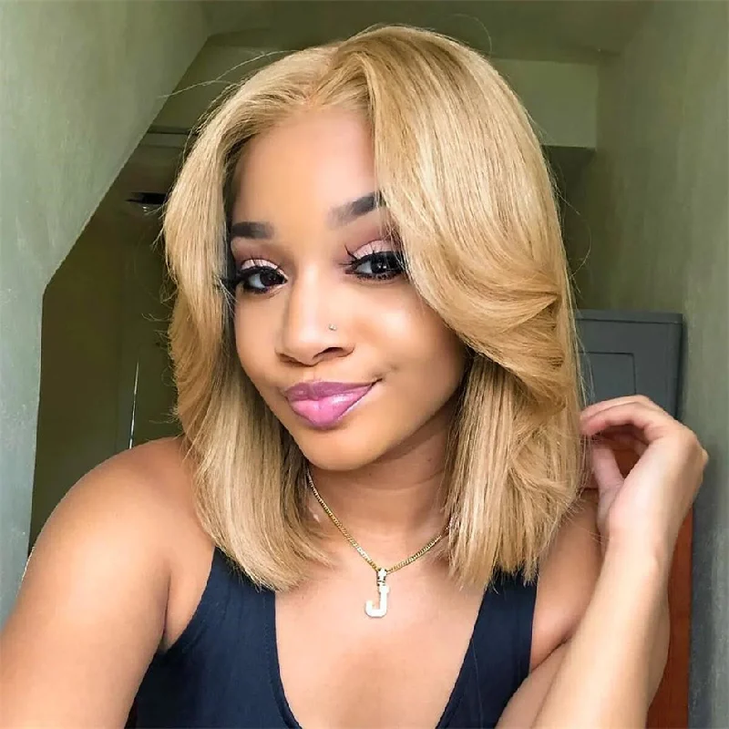 Colored wig with a pre - plucked hairline for a more natural lookGlueless #27 Honey Blonde Wear Go Straight Short Wig Pre Cut 6x5 HD Lace Closure Bob Wig