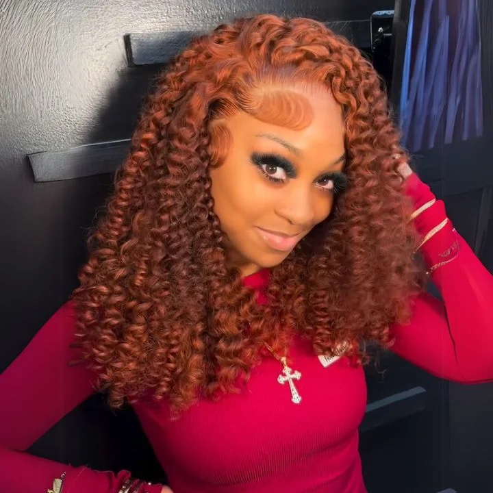 Colored wig with a pre - plucked hairline for a more natural lookGlueless Dark Ginger Brown Lace Front Deep Wave Colored Wig 100% Human Hair - Clear Transparent Lace Front/Closure Human Hair Wig- Amanda Hair