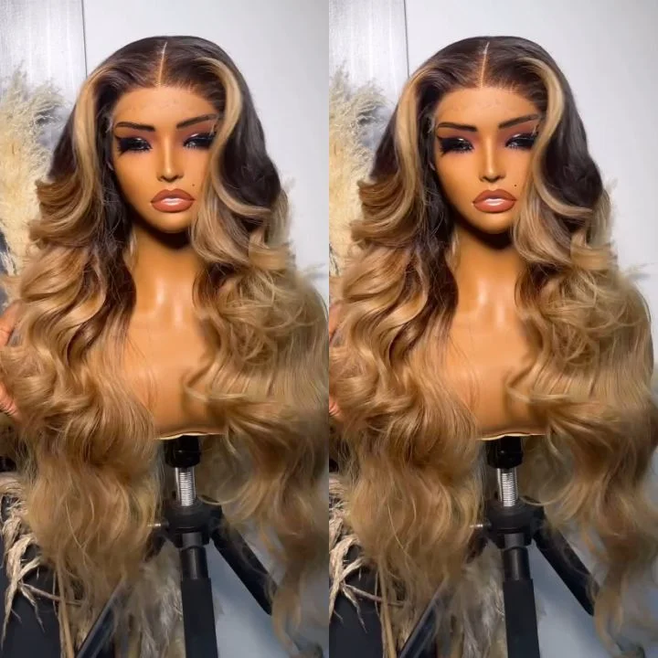 Colored wig with a silk - base cap for a comfortable and smooth feelGlueless Dark Root Ombre Honey Blonde Lace Front 3D Body Wave Wig 100% Human Hair - Clear Transparent Lace Front/Closure Human Hair Colored Wig- Amanda Hair