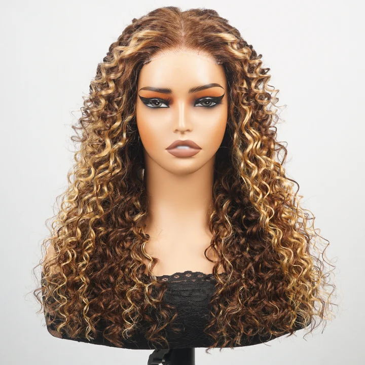 Colored wig with a wavy texture for a beachy and fun lookGlueless Highlight Blonde Lace Front Water Wave Wig 100% Human Hair - Clear Transparent Lace Front/Closure Human Hair Wig- Amanda Hair