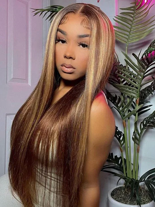 Colored wig with a silk - base cap for a comfortable and smooth feelP4/27 Highlight Brazilian Straight Hair 13x4 13x6 HD Transparent Lace Frontal Human Hair Wigs