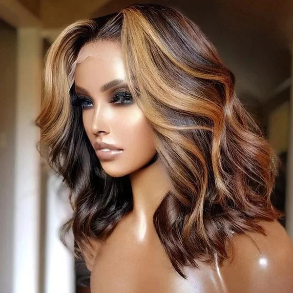 Adjustable - cap colored wig for a comfortable fitHighlight Body Wave Bob Wigs Honey Blonde Bob Wigs Short Wavy HD Lace Wig