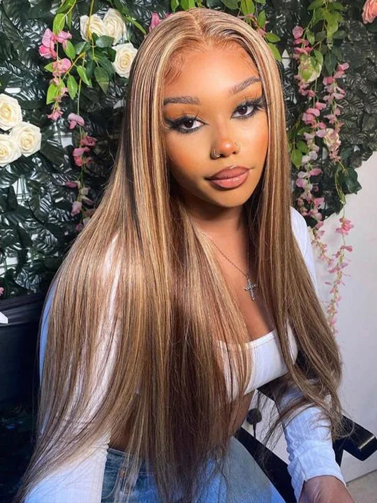 Colored wig with a straight texture for a sleek and minimalist lookP4/27 Highlight Wig Brazilian Straight Human Hair 4x4 13x4 13x6 HD Lace Wigs