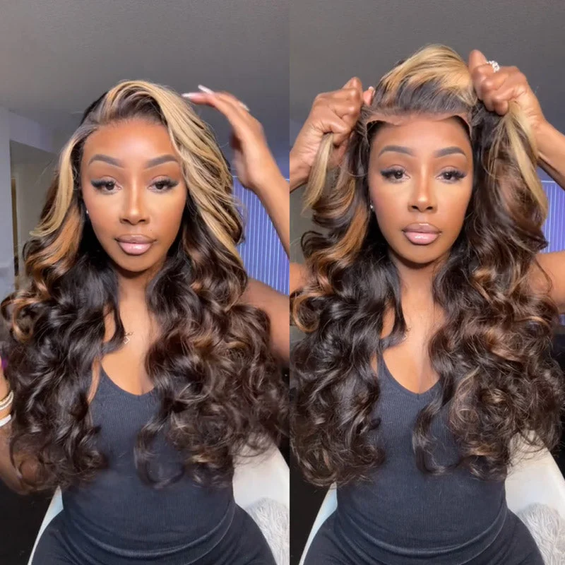 Colored wig with a wispy fringe for a soft and feminine lookHighlight Brown With Honey Blonde Skunk Stripe Glueless Wig Pre Cut 6x5 HD Lace Pre Bleached Knots