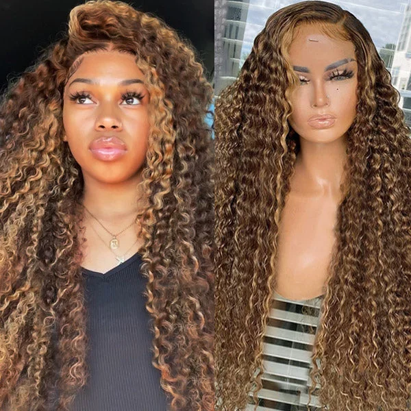 Colored wig with a curly texture for a bold and stylish choiceHairsmarket Honey Blonde Highlight Curly Wave Glueless Wigs 13x4 Lace Front Wigs Piano Colored Human Hair Wig