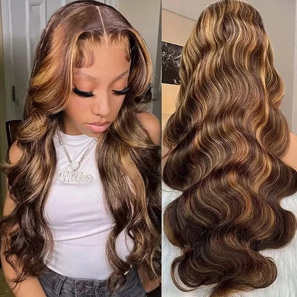 Colored wig with a pre - plucked hairline for a more natural lookHairsmarket 13x4 Lace Front Wig Body Wave Hair Highlight Wig 30 Inch Affordable Human Hair Wigs