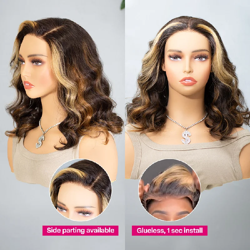 Colored wig with a side - swept bang for a sophisticated lookHighlight Short Loose Body Wave Wig With Skunk Stripe Pre Cut HD Lace Glueless Bob Wig