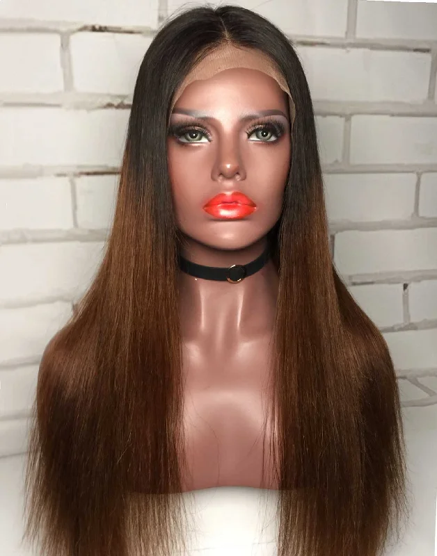 Colored wig with a natural - looking root for a more realistic lookHilary - Straight Ombre Hair Human Hair Lace Front Wigs - NOV004