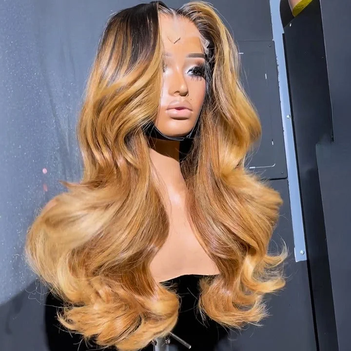 Colored wig with a straight texture for a sleek and minimalist lookHoney Blonde Mix Light Brown Glueless Body Wave Natural  Human Hair Clear Transparent Lace Front Wigs For Women-Amanda Hair