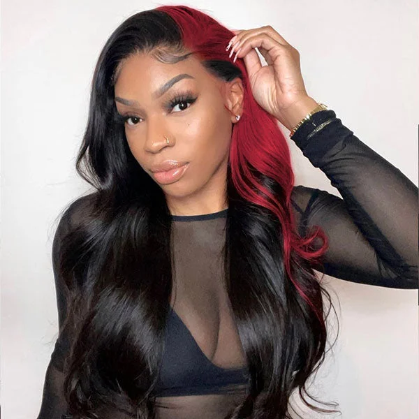 Adjustable - cap colored wig for a comfortable fitHot Red Skunk Stripe Hair Wigs Black Girl Body Wave Human Hair Lace Wigs For Women High Density 180%