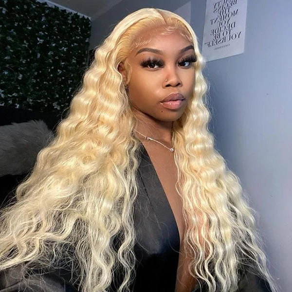 Colored wig with a 150 - density for a full and thick appearanceJunoda 613 Blonde Deep Wave Transparent Lace Front Wig Crimped 30inch Long Human Hair Wigs