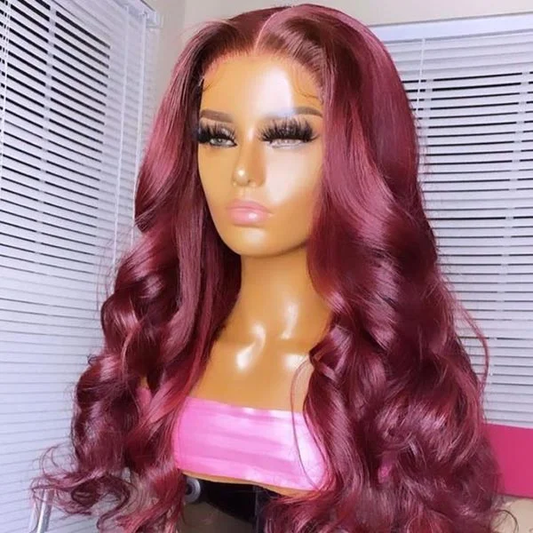 Colored wig with a side - swept bang for a sophisticated lookJunoda 99J Burgundy Red Body Wave 4x4 13x4 Transparent Lace Front Human Hair Wigs