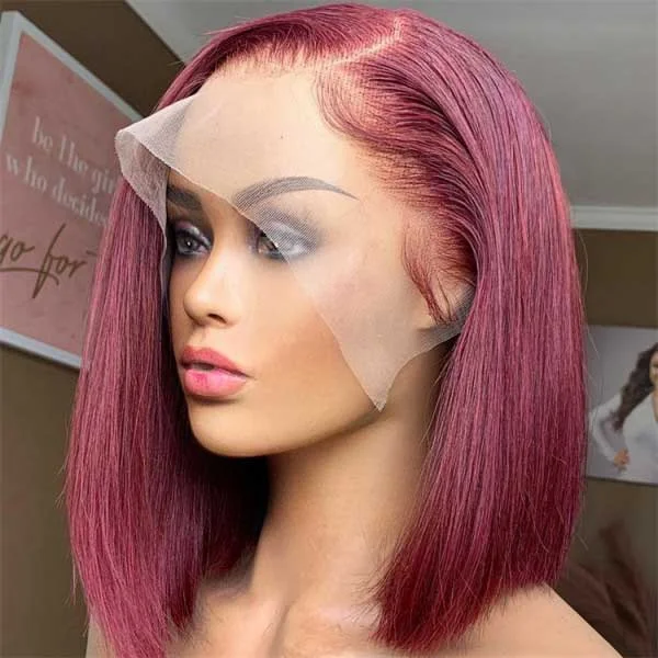 Colored wig in a vibrant pink color for a bold and eye - catching lookJunoda 99J Burgundy Red Colored Straight Bob Wigs Transparent Lace Closure/Front Human Hair Wigs