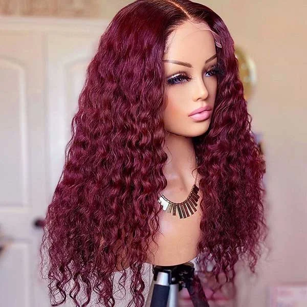 Colored wig with a red - orange hue for a warm and energetic lookJunoda 99j Burgundy Red Curly 4x4 13x4 Lace Front Wig Natural Density Human Hair Wigs