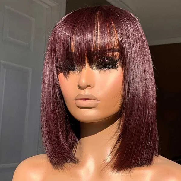 Colored wig with a side - part for a more flattering appearanceTonya Emm Same Junoda 99J Short Human Hair Wig with Fringe for Women Burgundy Red Straight Bob Wigs With Bangs