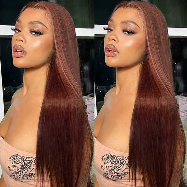 Colored wig with a side - part for a more flattering appearanceJasmine Marie Recommend Junoda Auburn Brown Straight 4x4 13x4 Transparent Lace Front Wig Colored Human Hair Wig